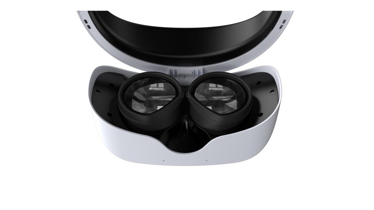 Black headphones in a white carrying case on a white background