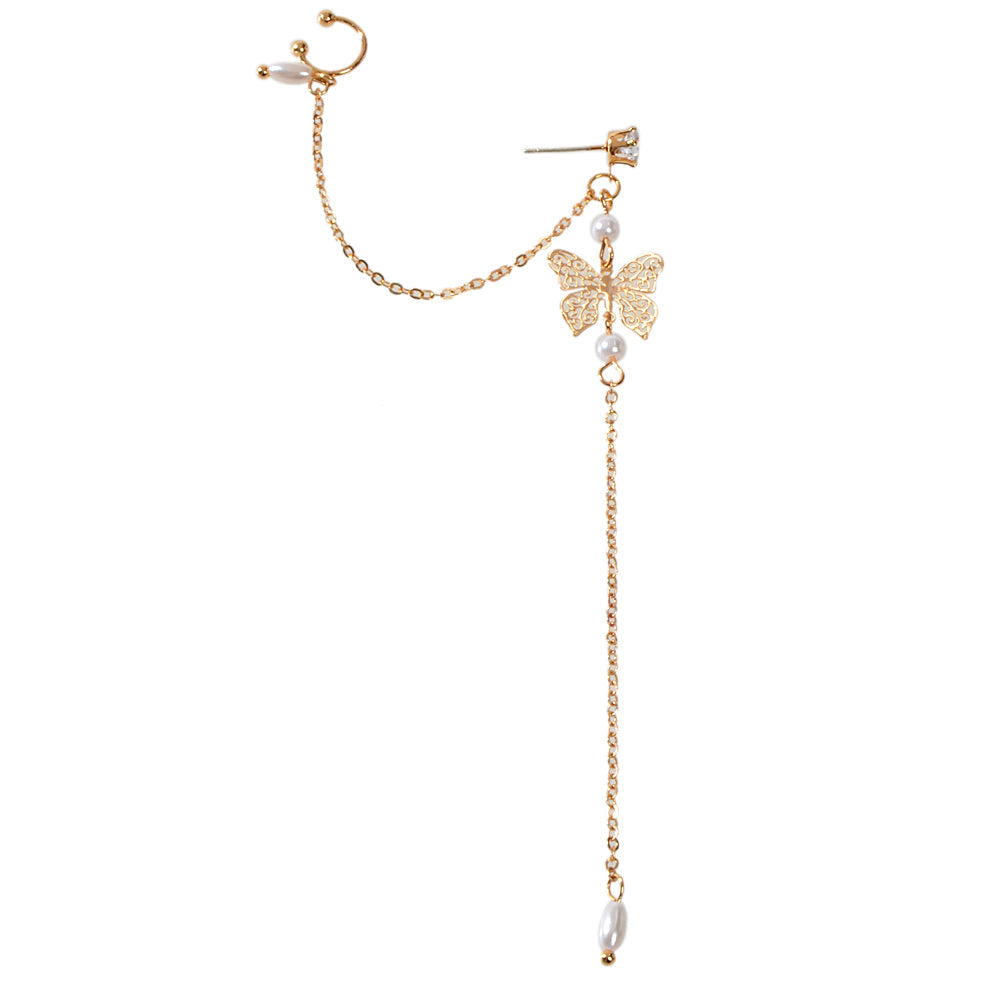 1pc Crystal Pearl Butterfly Long Chain Cartilage Stud Earring Stunning Ear Cuff-4