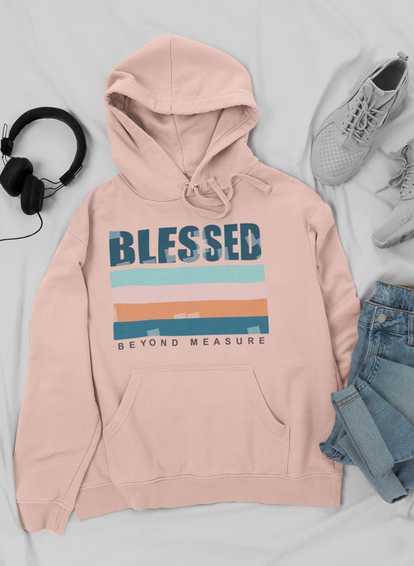 Pink hoodie with 'Blessed Beyond Measure' text on a light gray background