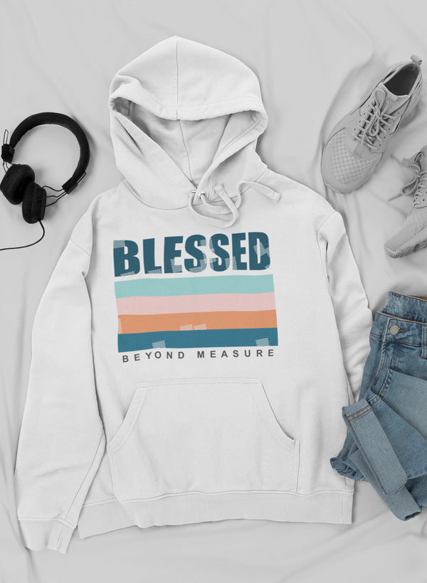 White hoodie with 'Blessed Beyond Measure' text on a light gray background